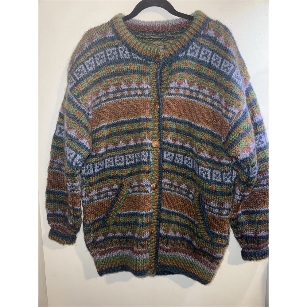 Vtg Hand Knit Fair Isle Wool Cardigan Sweater Geometric Mens L Grandpa